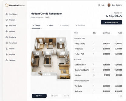 RenoGridStudio renovation proposal dashboard preview